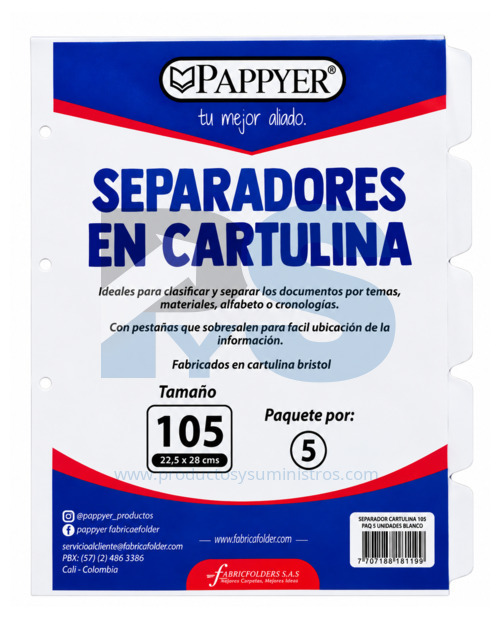 Separador Cartulina Blanco Ref. 105 x 5 Unidades