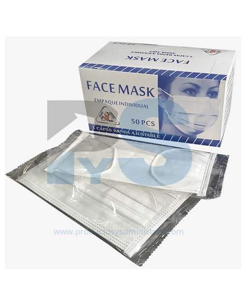 Tapabocas facial blanco con elástico empaque individual x 50 uds