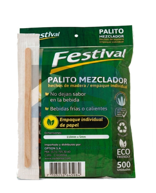 Mezclador de Madera Festival Empaque Individual x 500 Uds