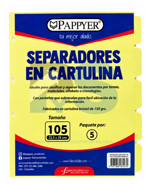 Separador Cartulina Amarillo Ref. 105 x 5 Unidades