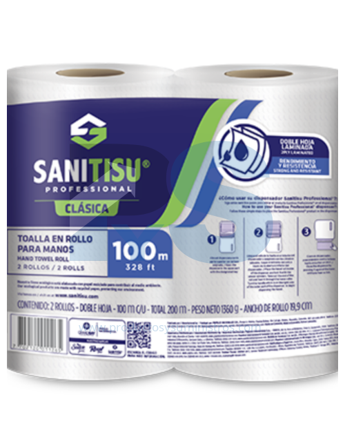 Toalla Manos Sanitisu 2H Blanca x 100 Mts  x 6 Rollos