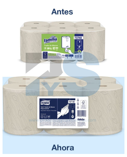 Toalla Manos Natural Tork Precortada Flujo Central 2H Ref 73748 x 6 Rollos x 120 mts/rollo