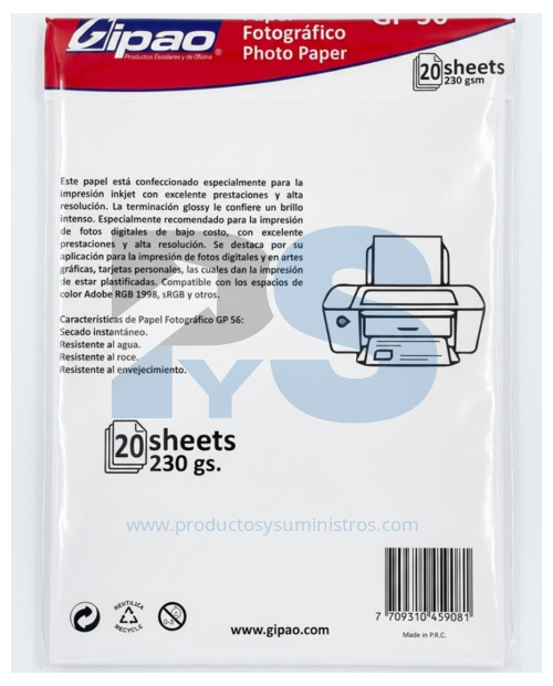 Papel Fotográfico A4 Brillante 180 g x 20 Hojas