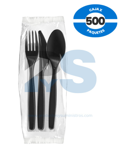 Set Darnel Negro Tenedor + Cuchillo + Cuchara Sopera + Servilleta x 500 Paquetes